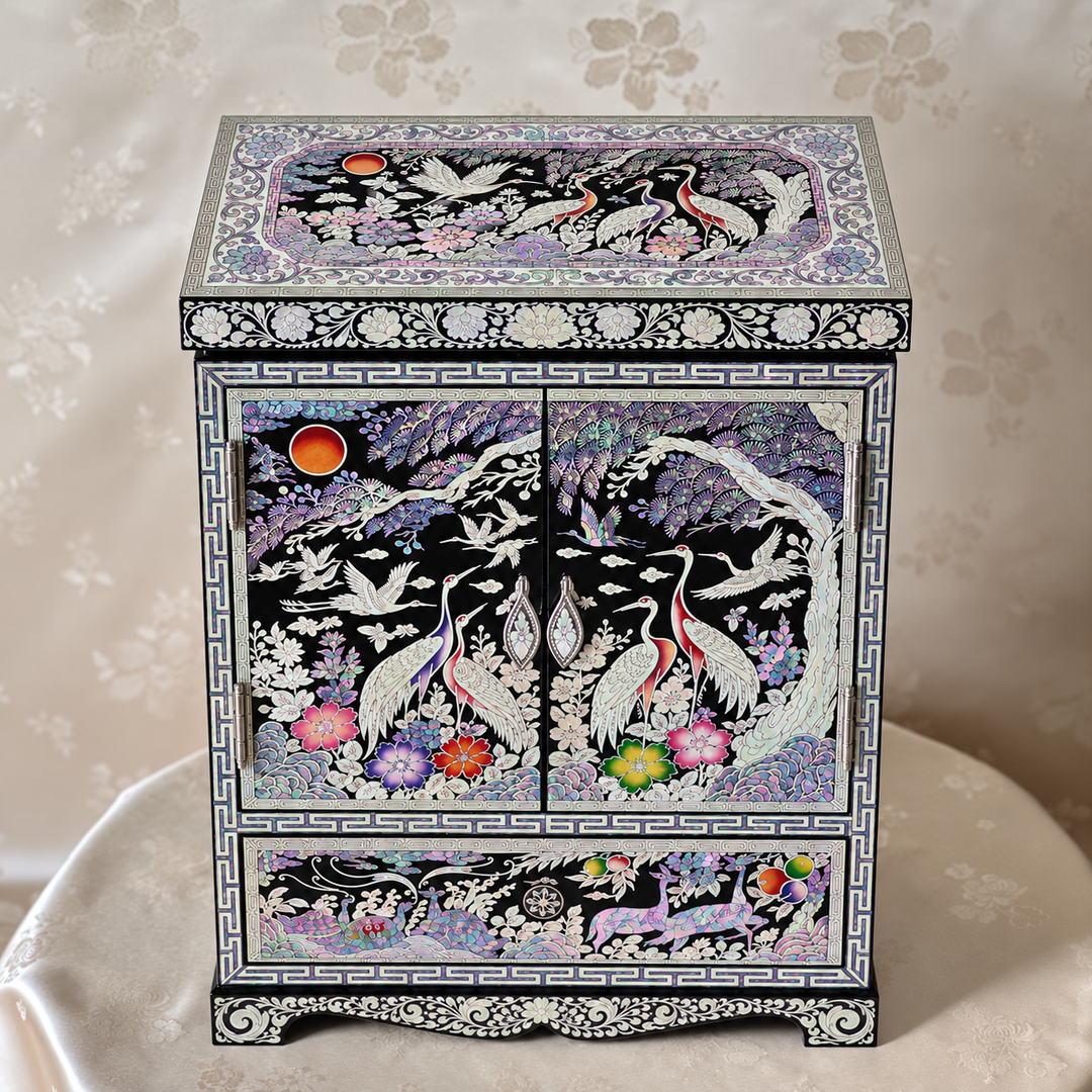 Mother-of-Pearl Double-Doored Jewelry Chest: Grand scale, Ten Symbols of Longevity Motif