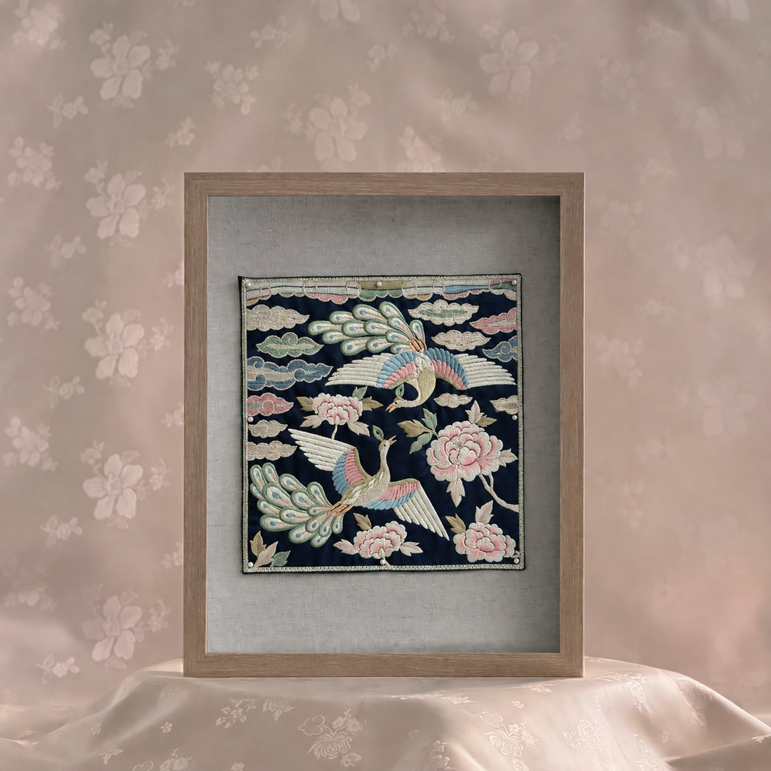 Embroidered Art Panel: Double Peacock and Peony Motif on Deep Navy Ground