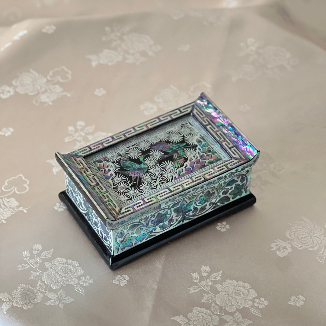 Mother-of-Pearl Lidded Box: Scholar’s Desk-Inspired Form with Crane and Pine Motif