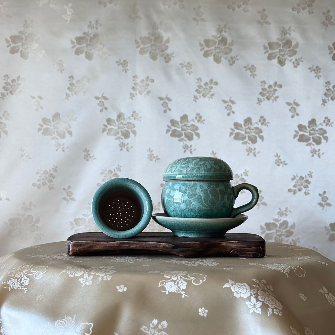 Celadon Lidded Teacup Pair: Reverse Inlaid Peony Motif with White Clay Inlay
