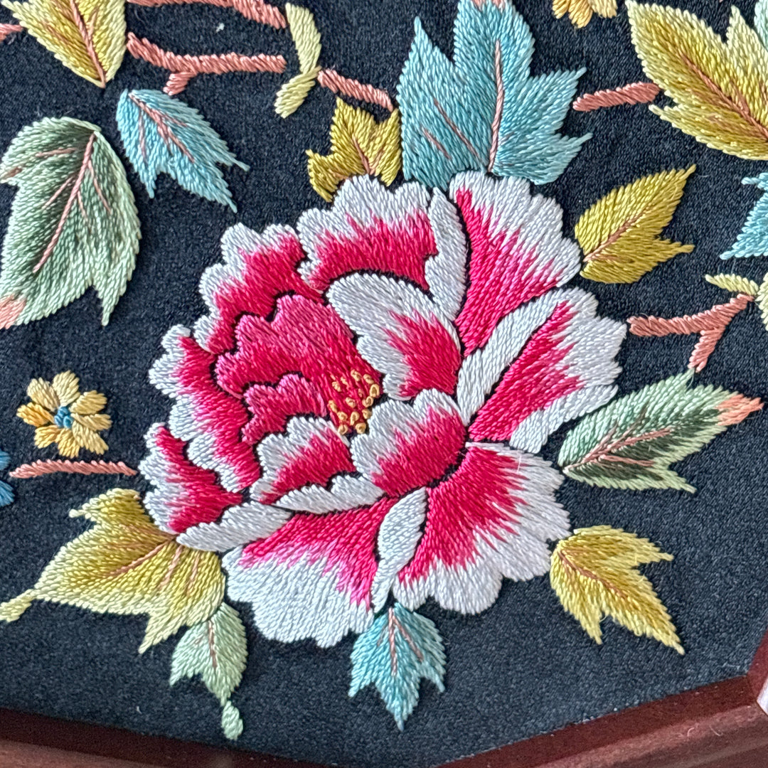 Embroidered Hand Mirror: Large, Octagonal Shape, Peony Garden Motif