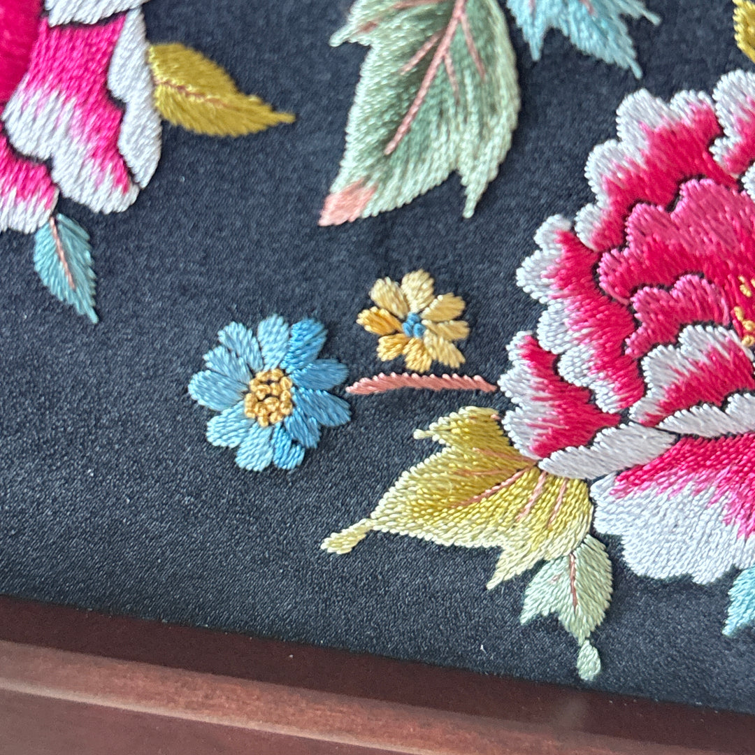 Embroidered Hand Mirror: Large, Octagonal Shape, Peony Garden Motif