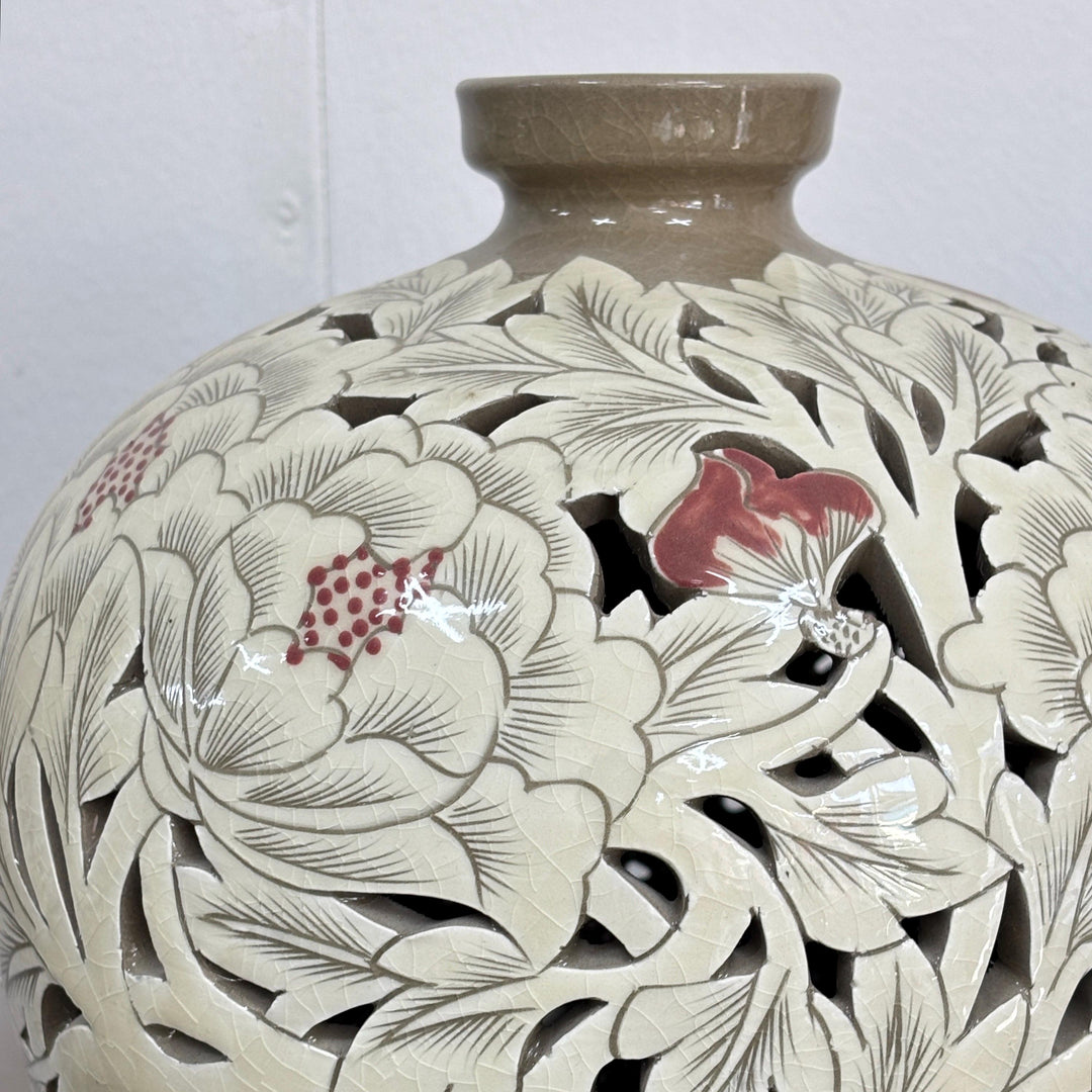 Grand-Scale Buncheong Openwork Vase Set: White Slip with Carved Peony Motif,