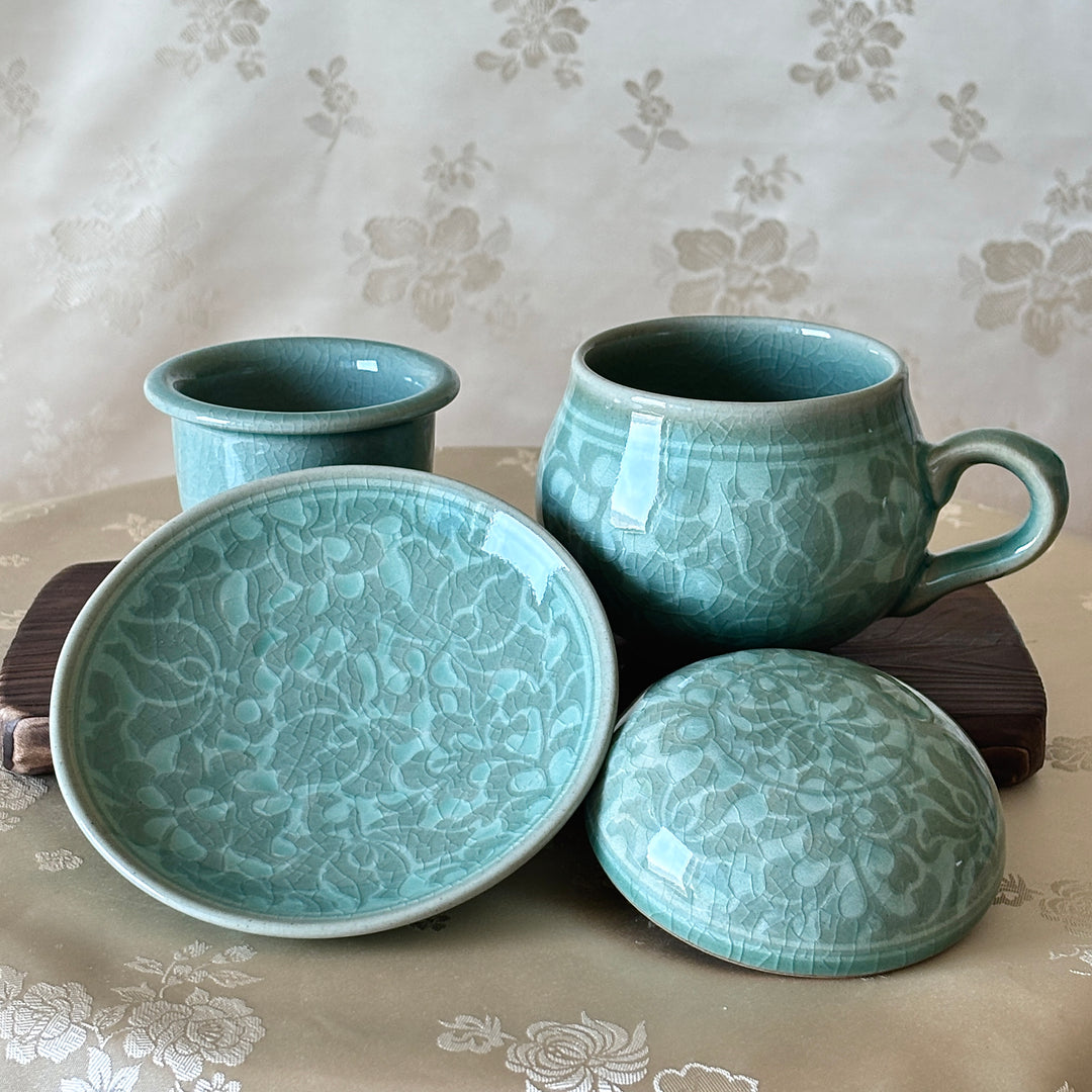 Celadon Lidded Teacup Pair: Reverse Inlaid Peony Motif with White Clay Inlay