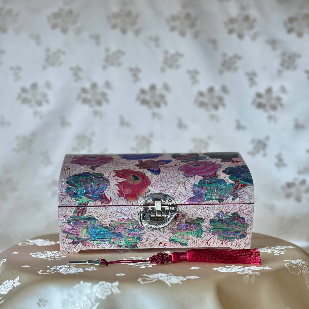 Mother of Pearl Jewelry Box: Butterfly and Peony Motif on Red Ground
