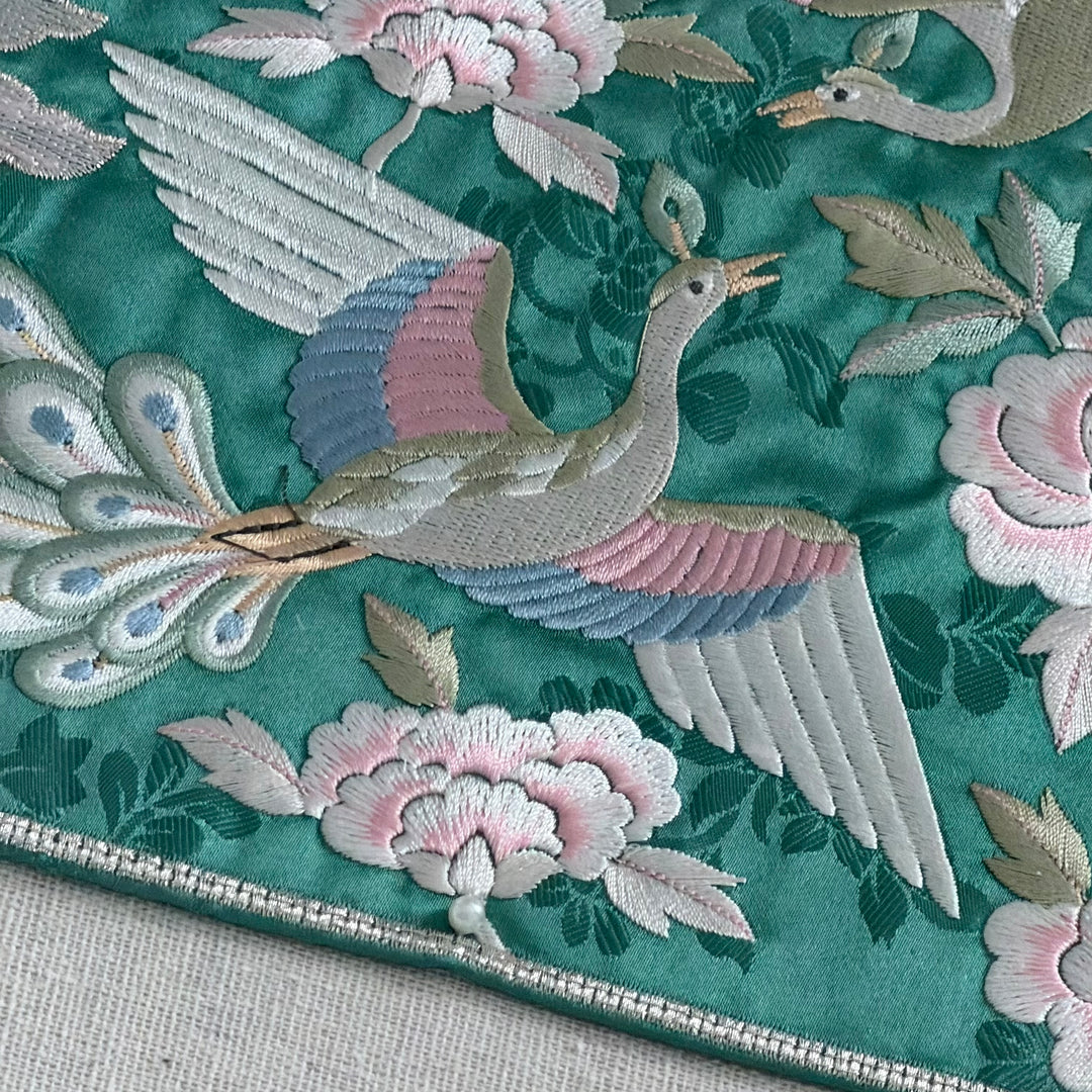 Embroidered Art Panel: Double Peacock and Peony Motif on Green Ground