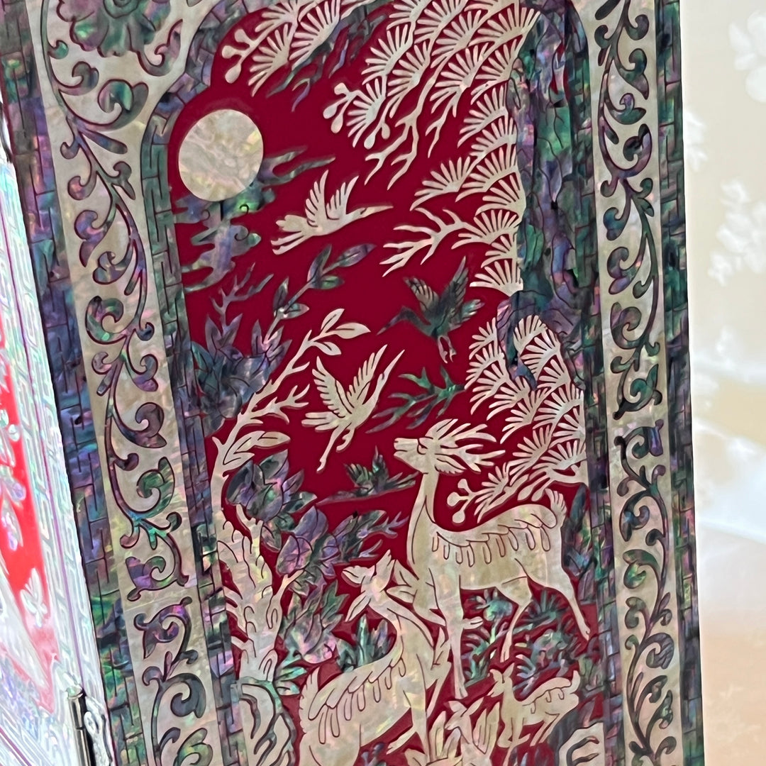Mother-of-Pearl Double-Doored Jewelry Chest: Grand Scale, Longevity Motif on Red Ground