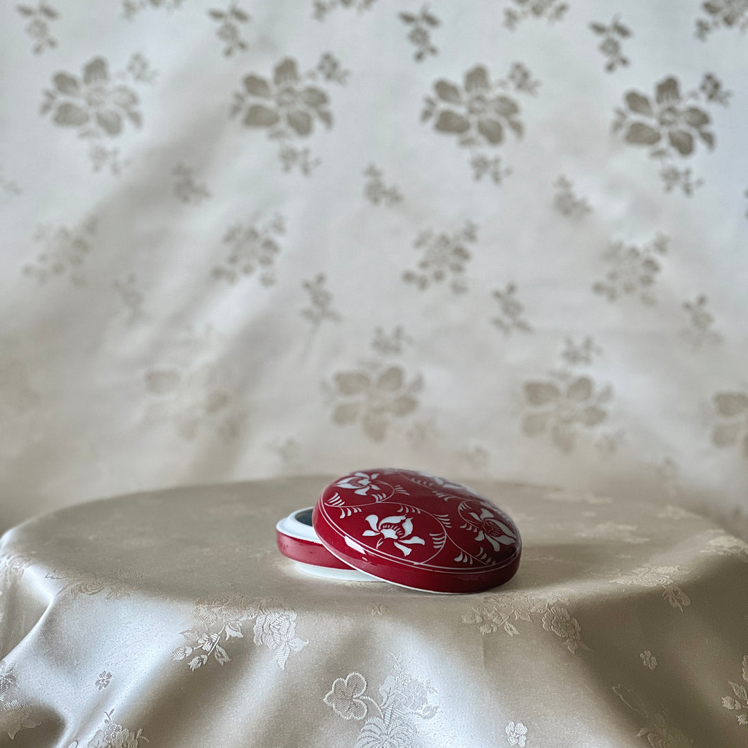 White Porcelain Incised Lotus-Arabesque Motif Incense Box in Copper-Red Glaze