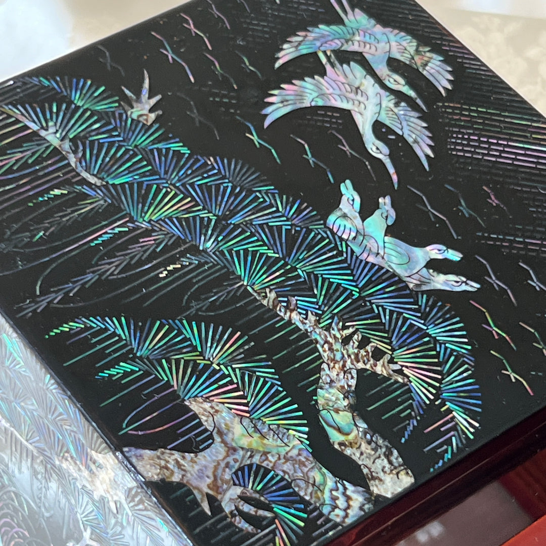 Mother-of-Pearl Double Chest (Ssanghap): Grand-Scale, Crane Family beneath Pine Trees
