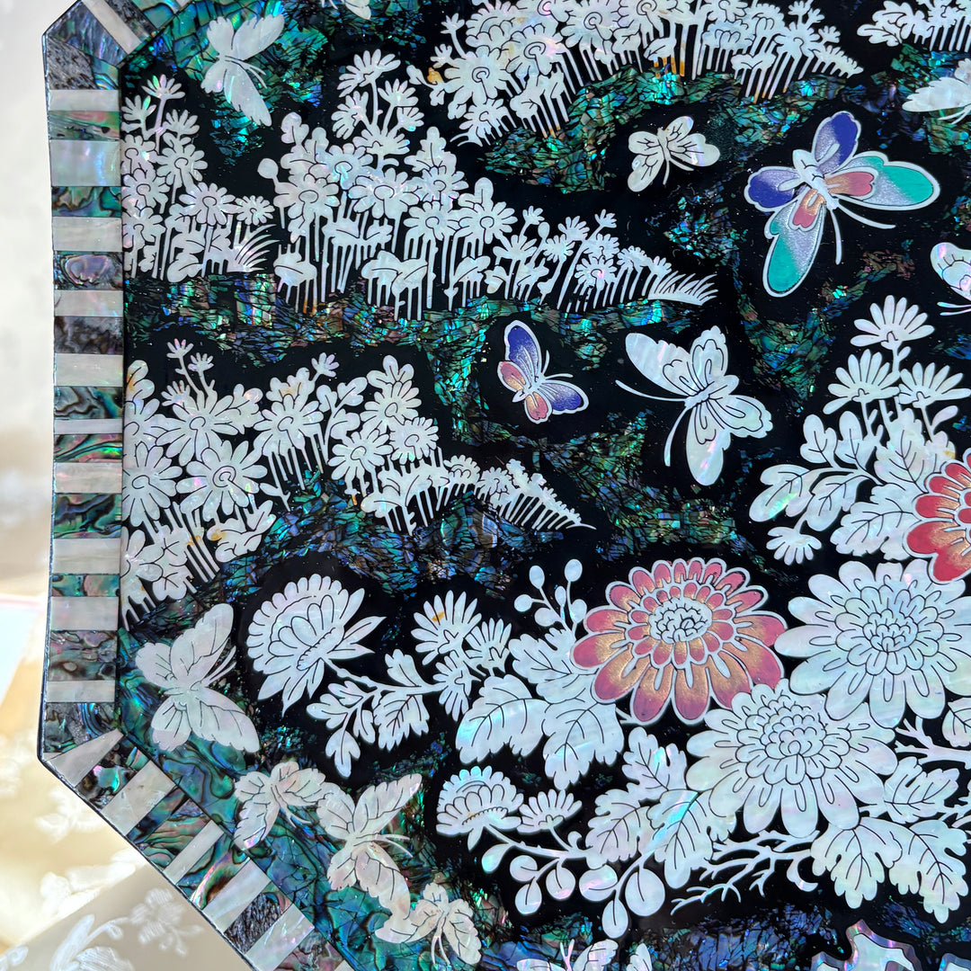 Mother of Pearl Octagonal Tray: Chrysanthemum and Butterfly on Abalone