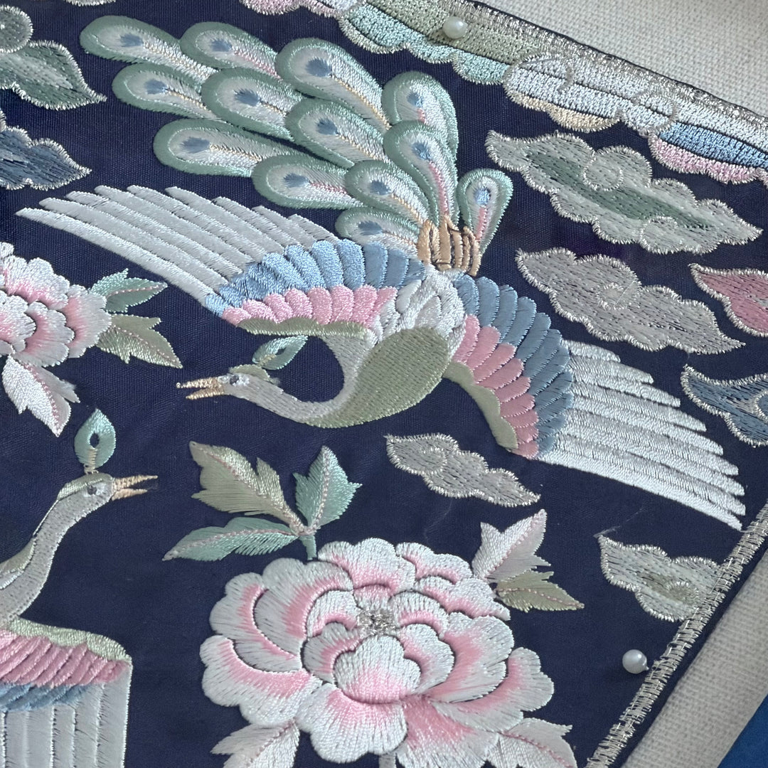 Embroidered Art Panel: Peacock Pair and Peony Motif on Navy Ground