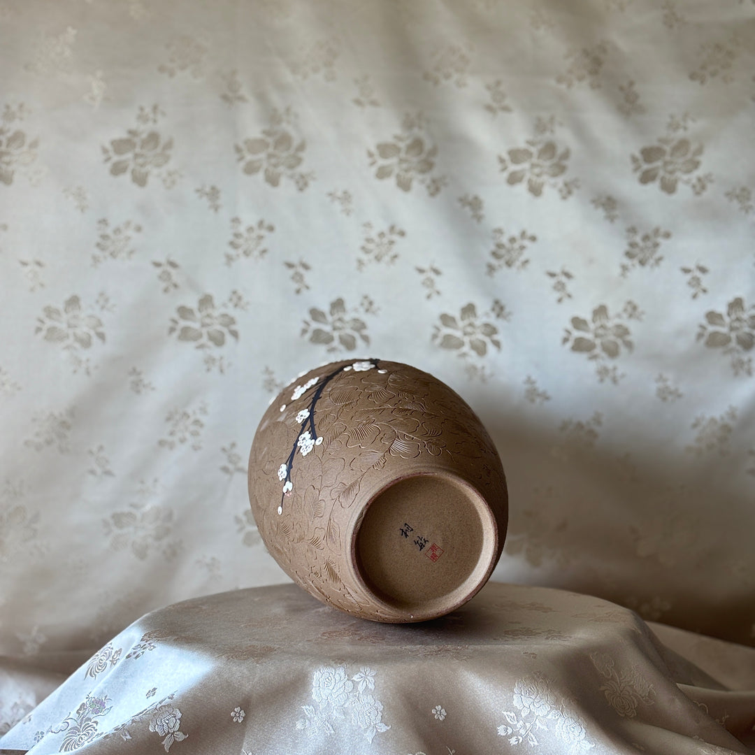 Unglazed Ceramic Vase: Buncheong Clay Body with Plum Blossom Branch and Openwork Rim