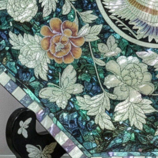 Mother of Pearl Octagonal Tray: Twin Cranes and Peony on Abalone