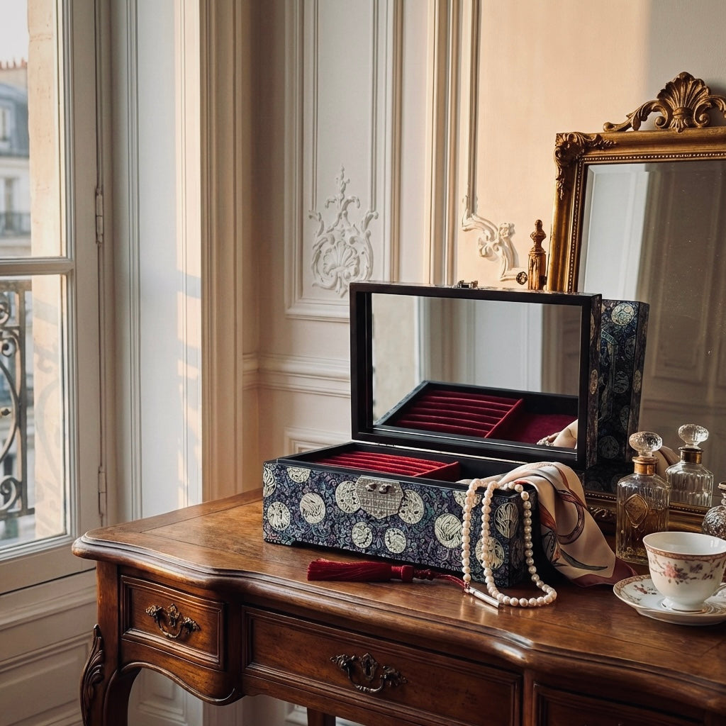 Mother of Pearl Jewelry Box: Crane Landscape with Longevity Symbols