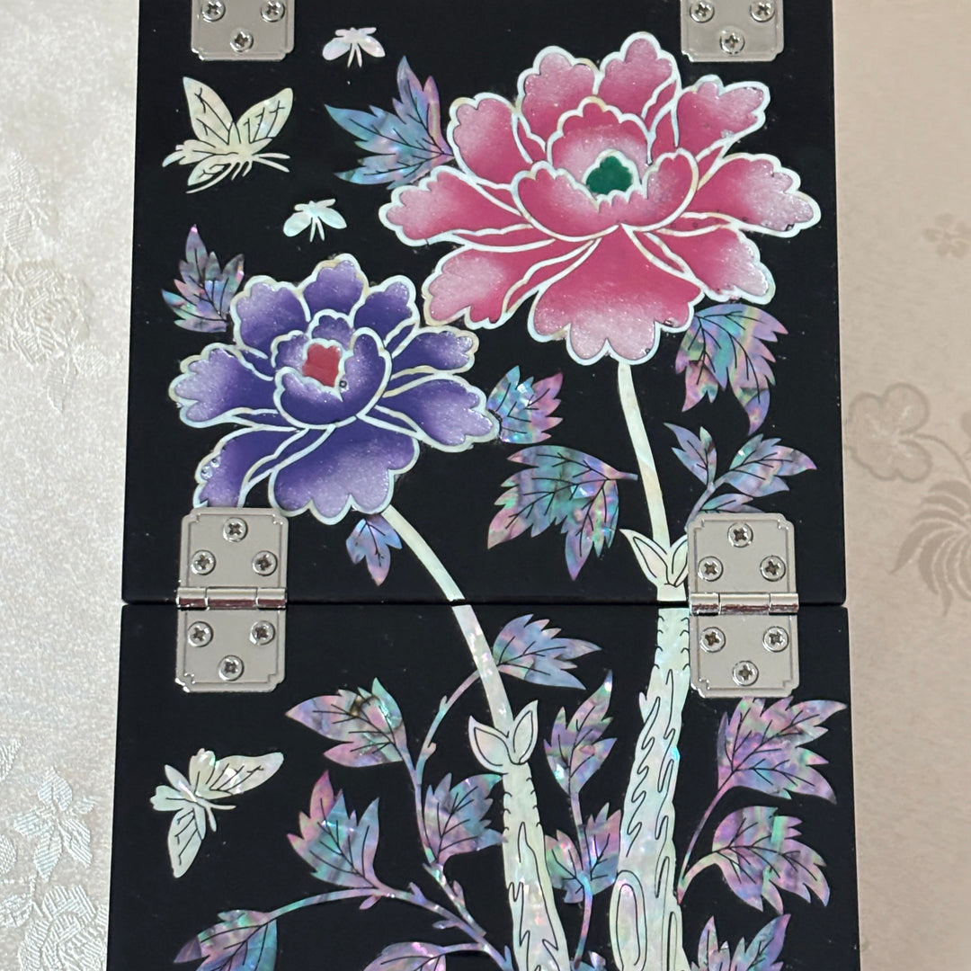 Mother of Pearl Vanity Chest with Mirror Stand: Black Body, Peony Motif