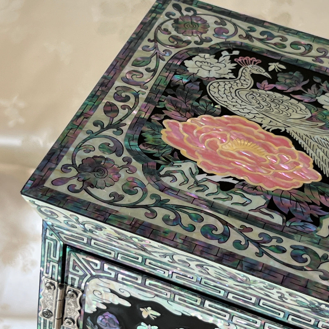 Mother-of-Pearl Double-Doored Jewelry Chest: Grand Scale, Longevity Motif on Black Ground