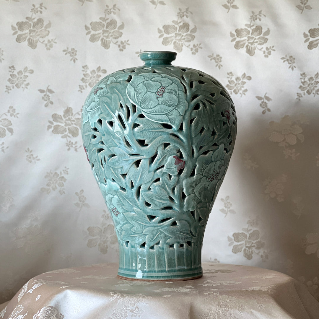 Celadon Double-Walled Openwork Vase: Sgraffito (Bakji) with Peony Motif