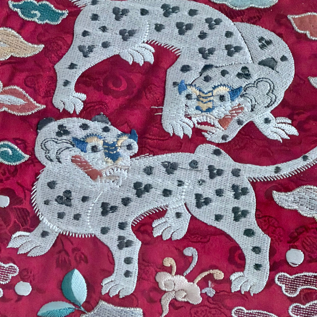 Embroidered Art Panel: Tiger Pair Motif on Red Ground