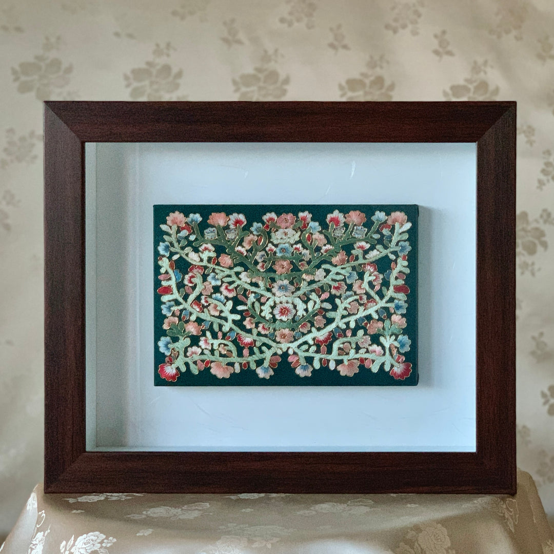 Embroidery with Vines Pattern on Navy Silk in Wooden Frame (자수 당초문 액자)
