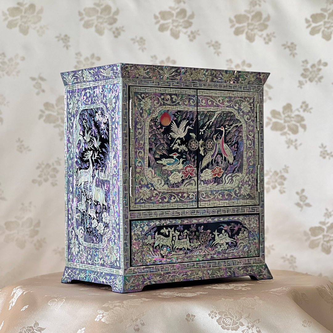 Mother-of-Pearl Double-Door Jewelry Chest: Longevity Motif, Black Ground