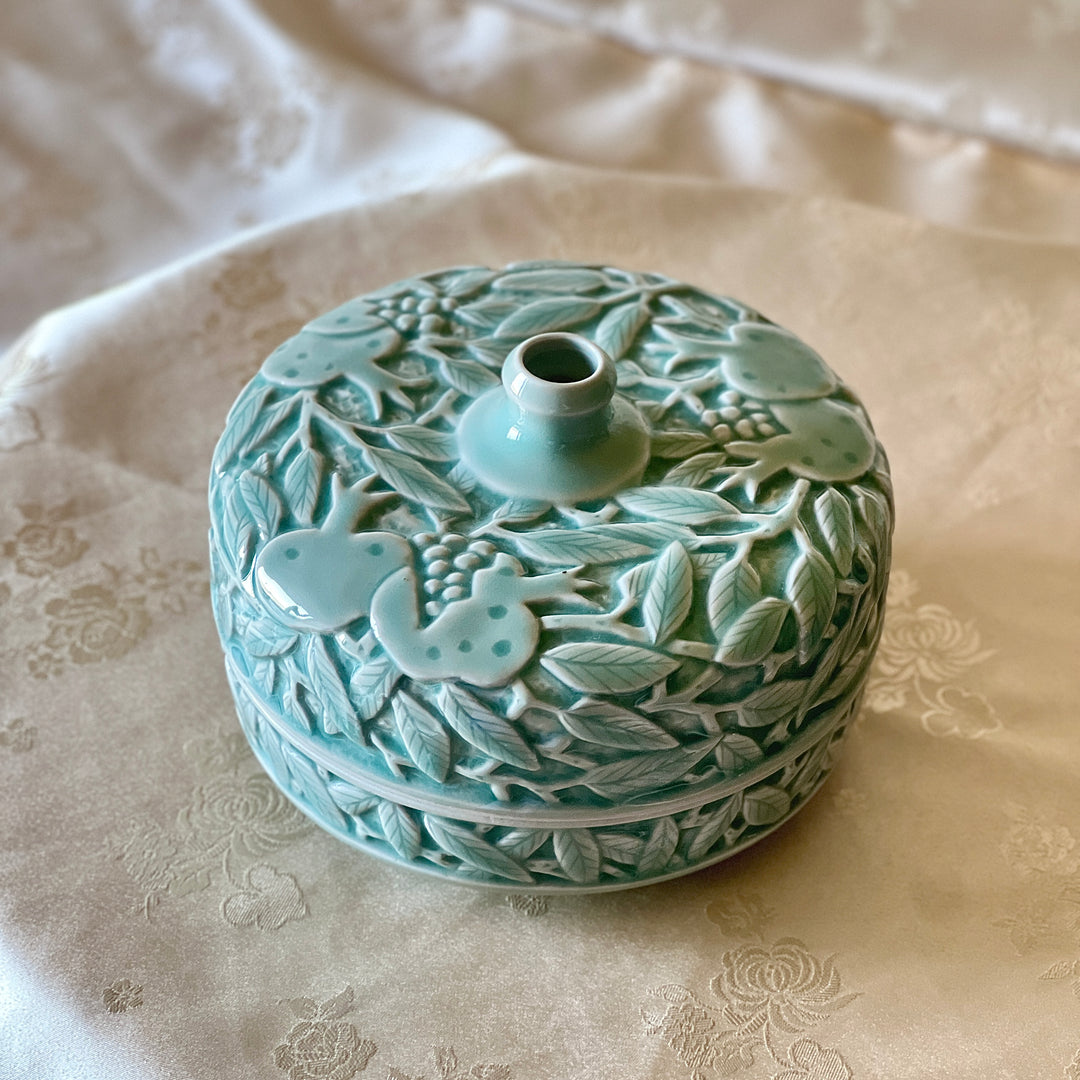 Celadon-Glazed Porcelain Covered Box and Single-Stem Vase: Pomegranate Motif