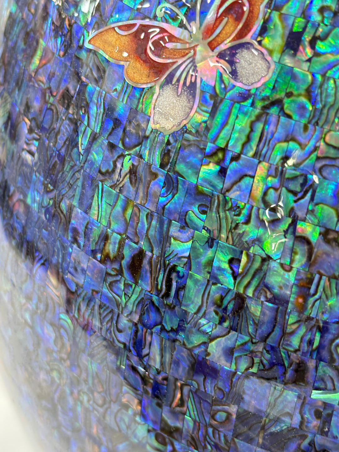 Mother-of-Pearl Ceramic Vase: Butterfly and Peony Motif on Deep Blue Abalone