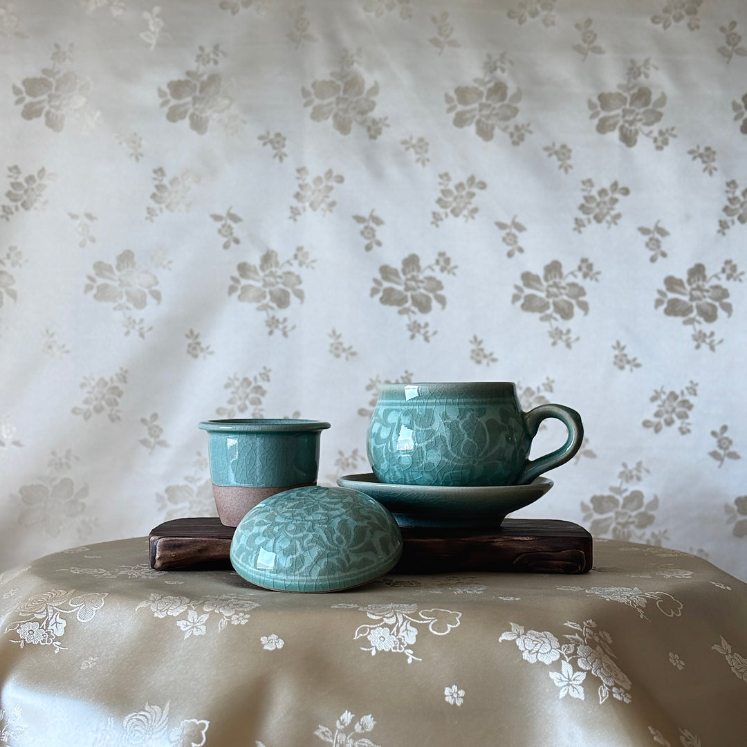 Celadon Lidded Teacup Pair: Reverse Inlaid Peony Motif with White Clay Inlay