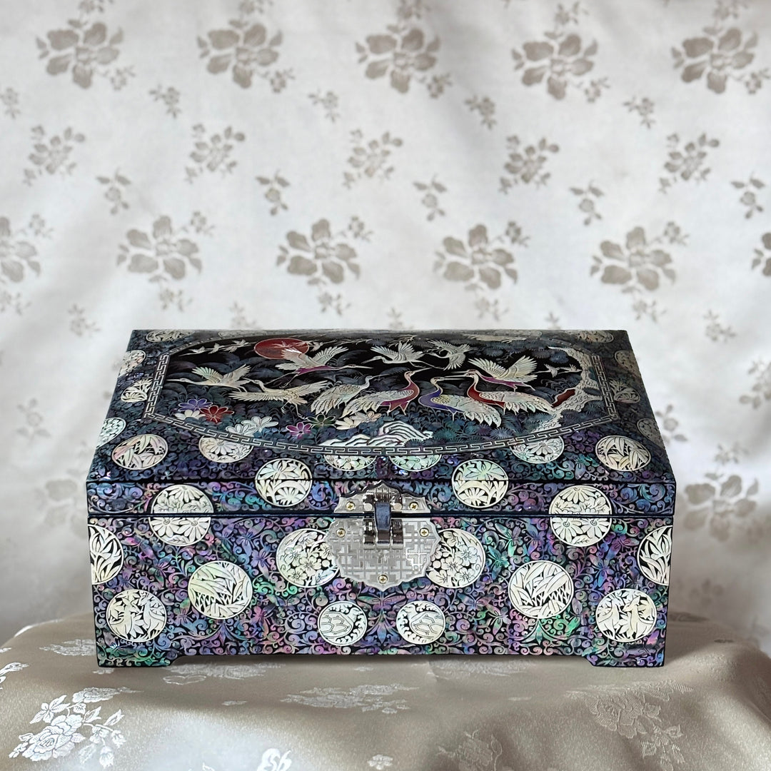 Mother-of-Pearl Jewelry Box: Crane Landscape with Longevity Symbols