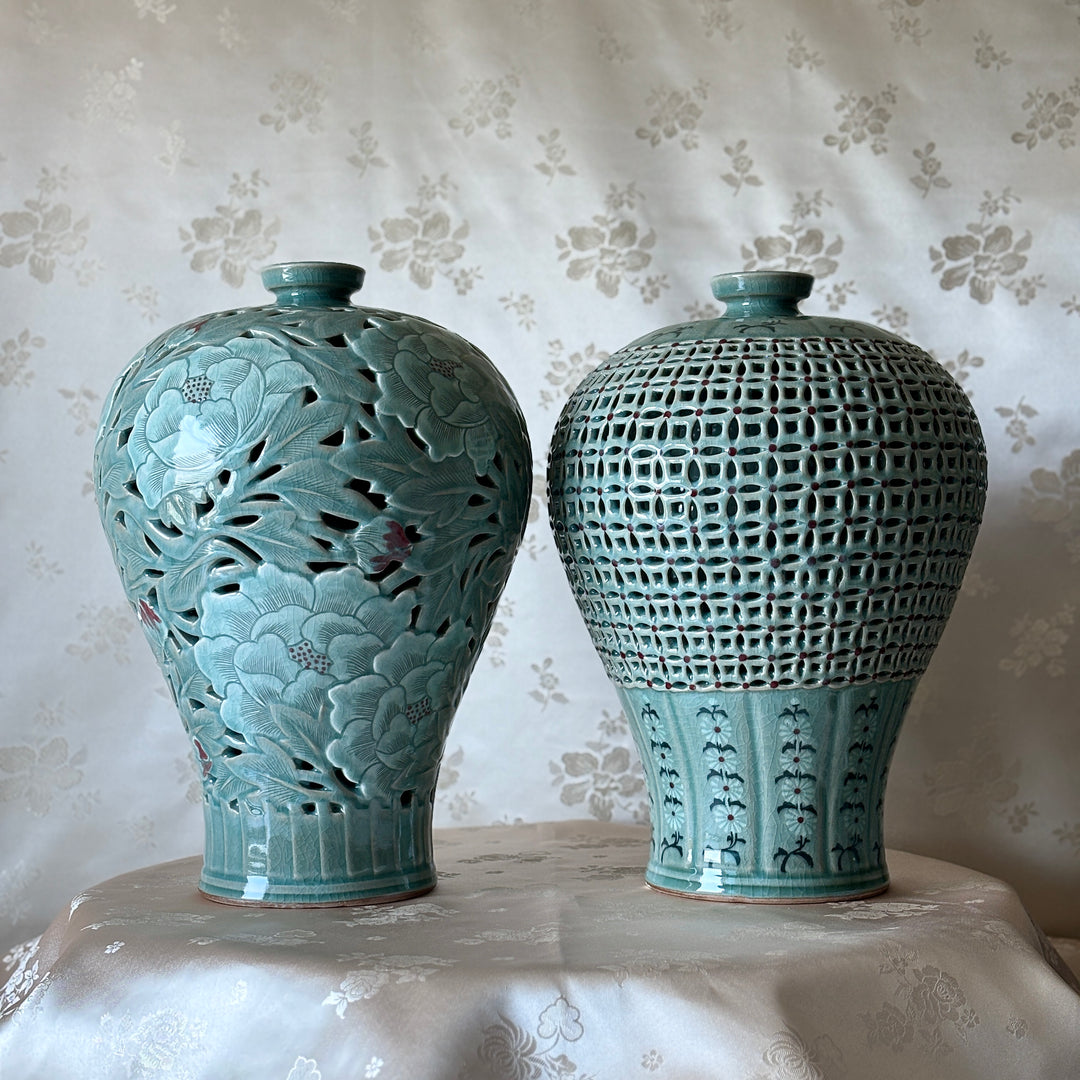 Celadon Double-Walled Openwork Vase: Sgraffito (Bakji) with Peony Motif