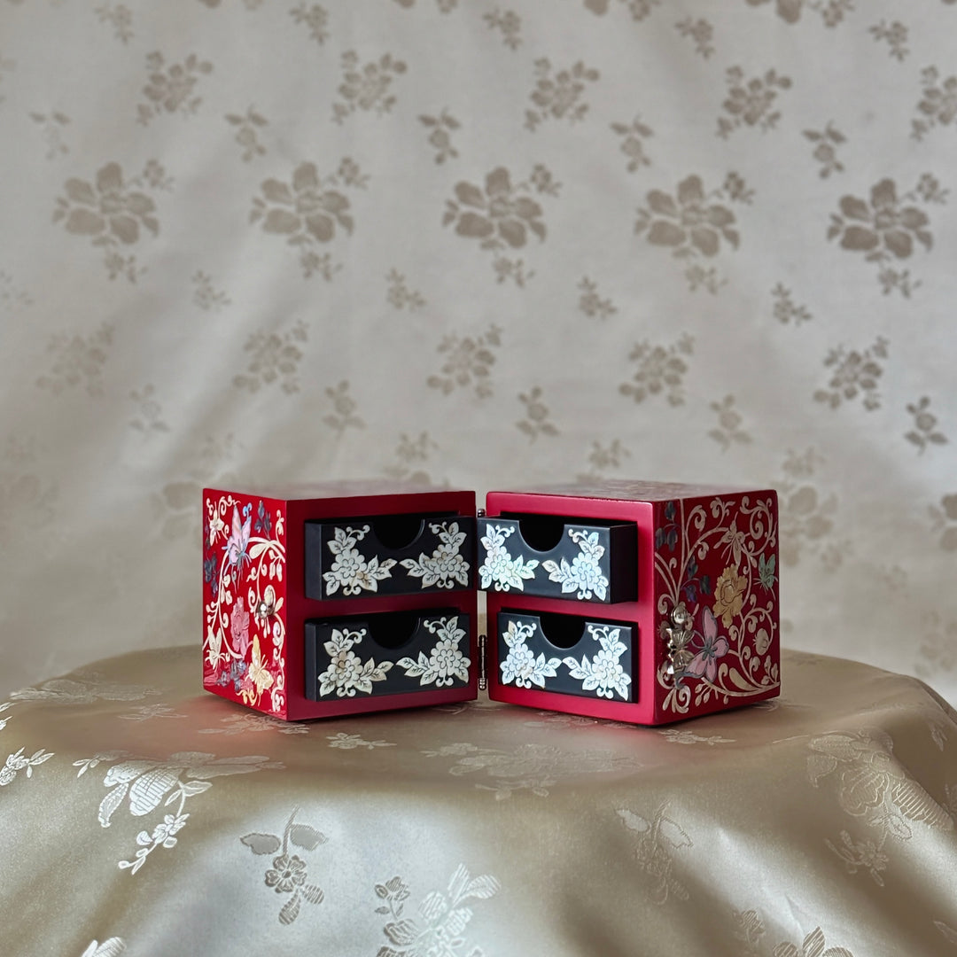 Mother-of-Pearl Double Jewelry Chest: Vivid Red Surface with Butterfly and Vine Motif