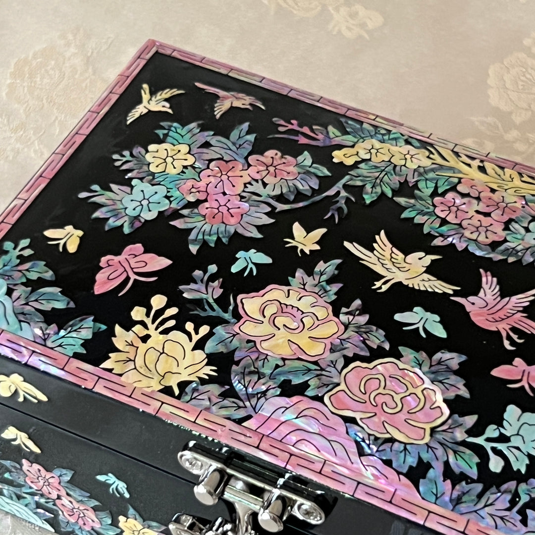Mother-of-Pearl Jewelry Box: Plum Blossom and Bird Floral Motif on Black Ground