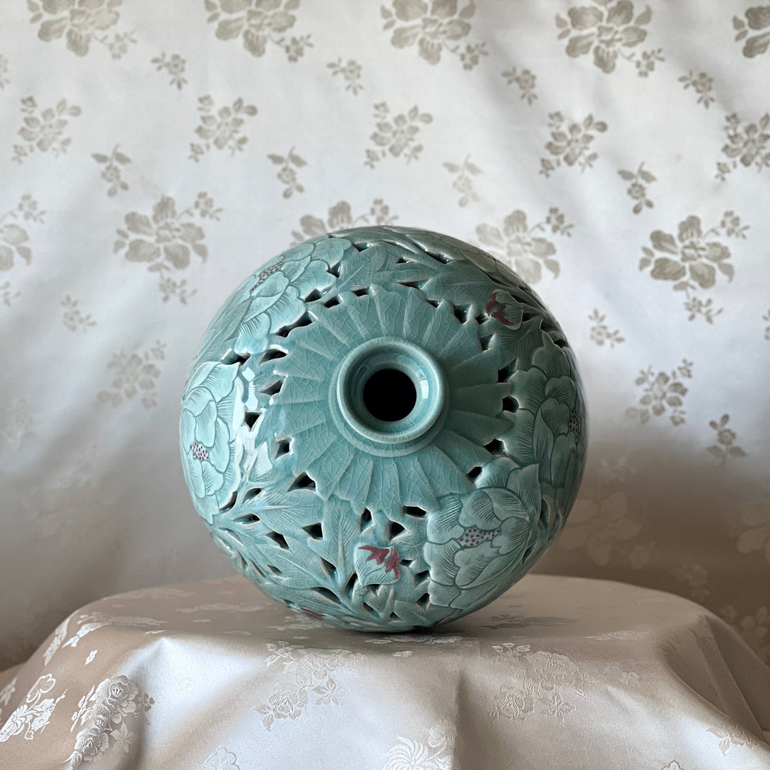 Celadon Double-Walled Openwork Vase: Sgraffito (Bakji) with Peony Motif