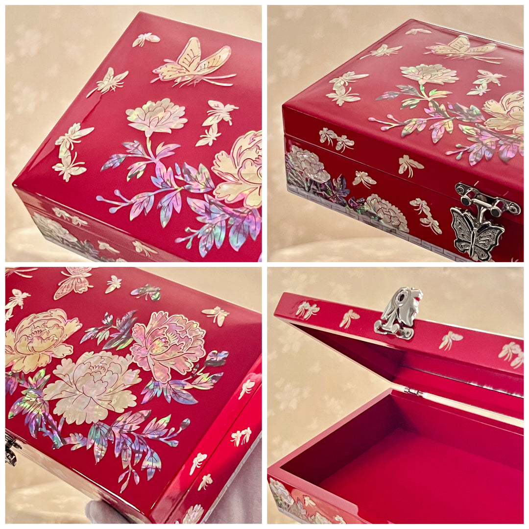 Mother of Pearl Red Letter Box with Butterfly and Peony Pattern (자개 호접 목단문 편지 보관함)