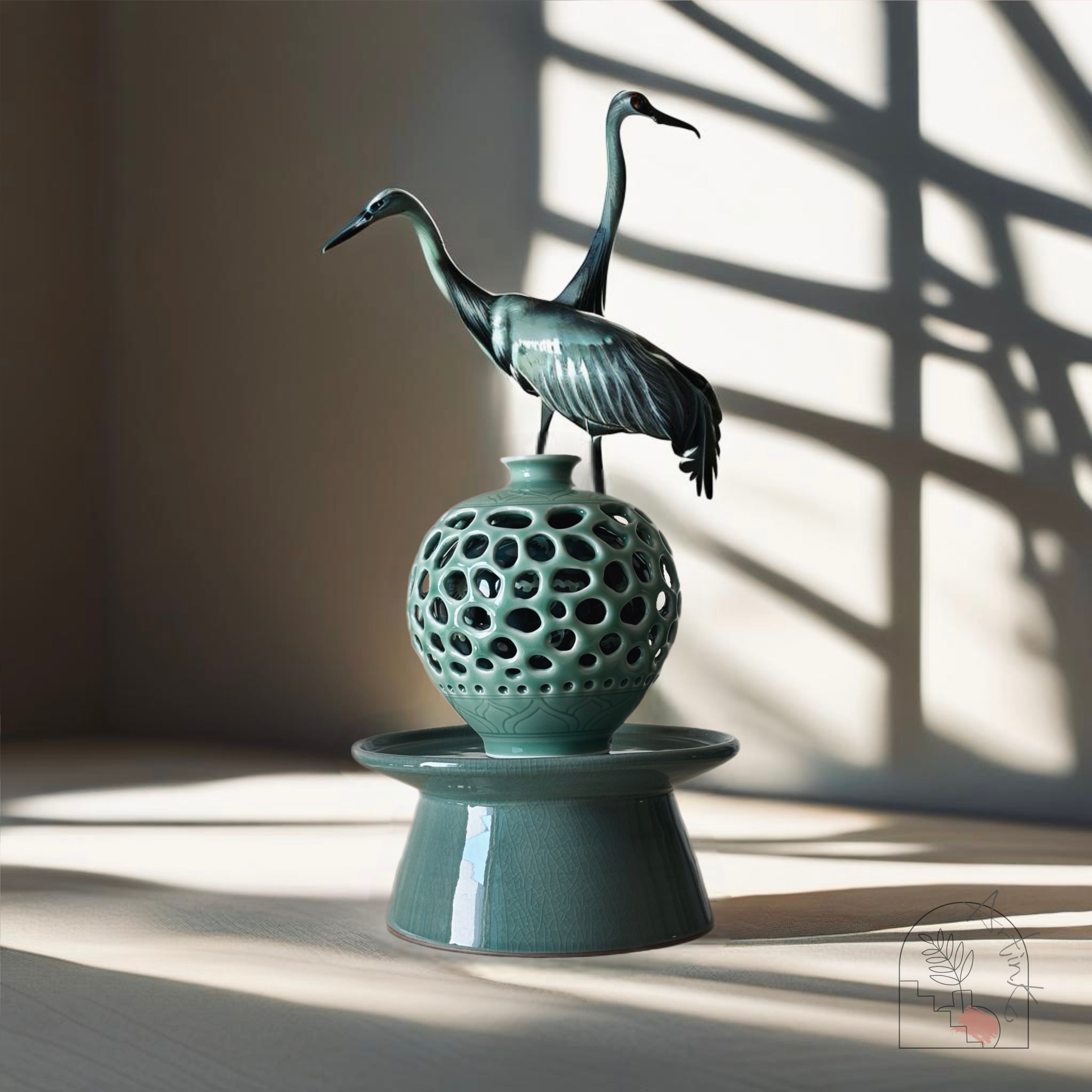 青釉透かし彫り花瓶 鶴の絵柄 青釉透かし彫り花瓶 鶴の絵柄