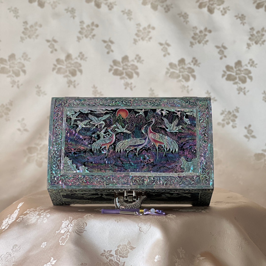Mother-of-Pearl Jewelry Box: Auspicious Mountain Landscape with Cranes