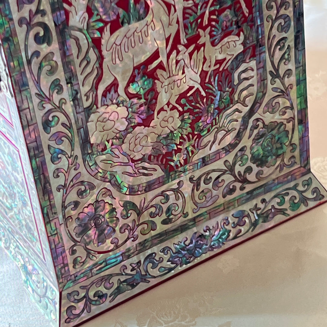 Mother-of-Pearl Double-Doored Jewelry Chest: Grand Scale, Longevity Motif on Red Ground