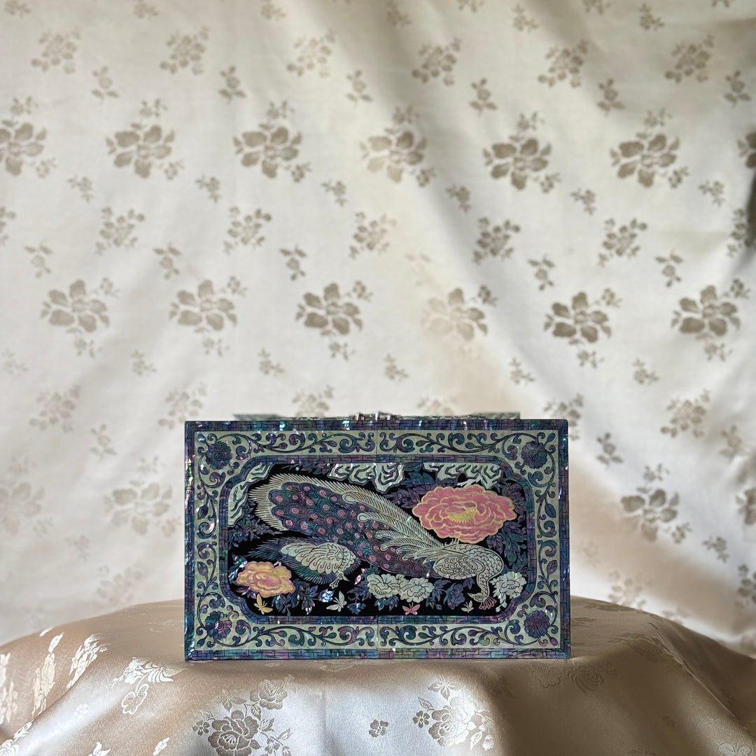 Mother-of-Pearl Double-Doored Jewelry Chest: Grand Scale, Longevity Motif on Black Ground