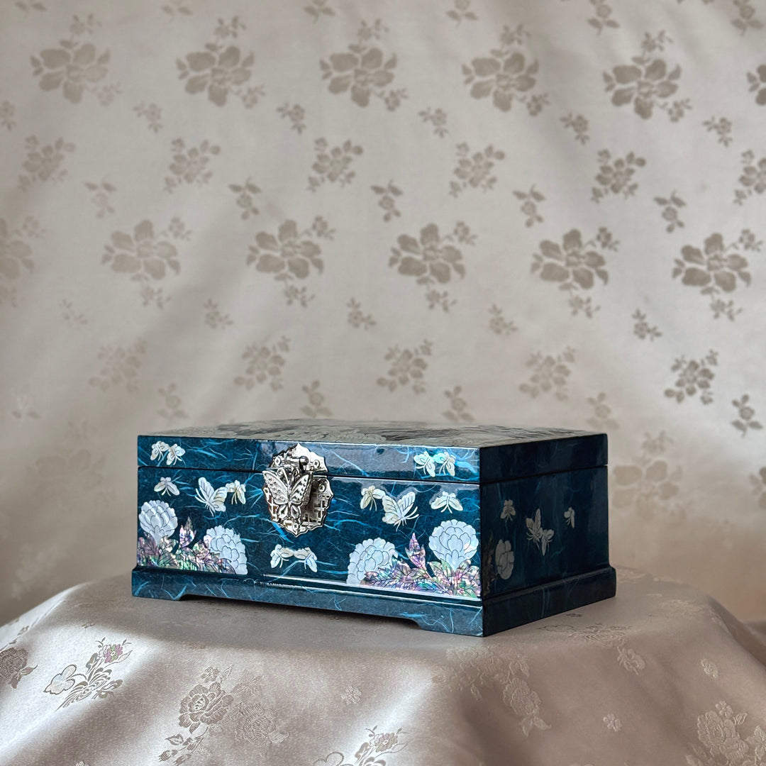 Mother of Pearl Jewelry Box: Butterfly and Peony Motif on Navy Hanji