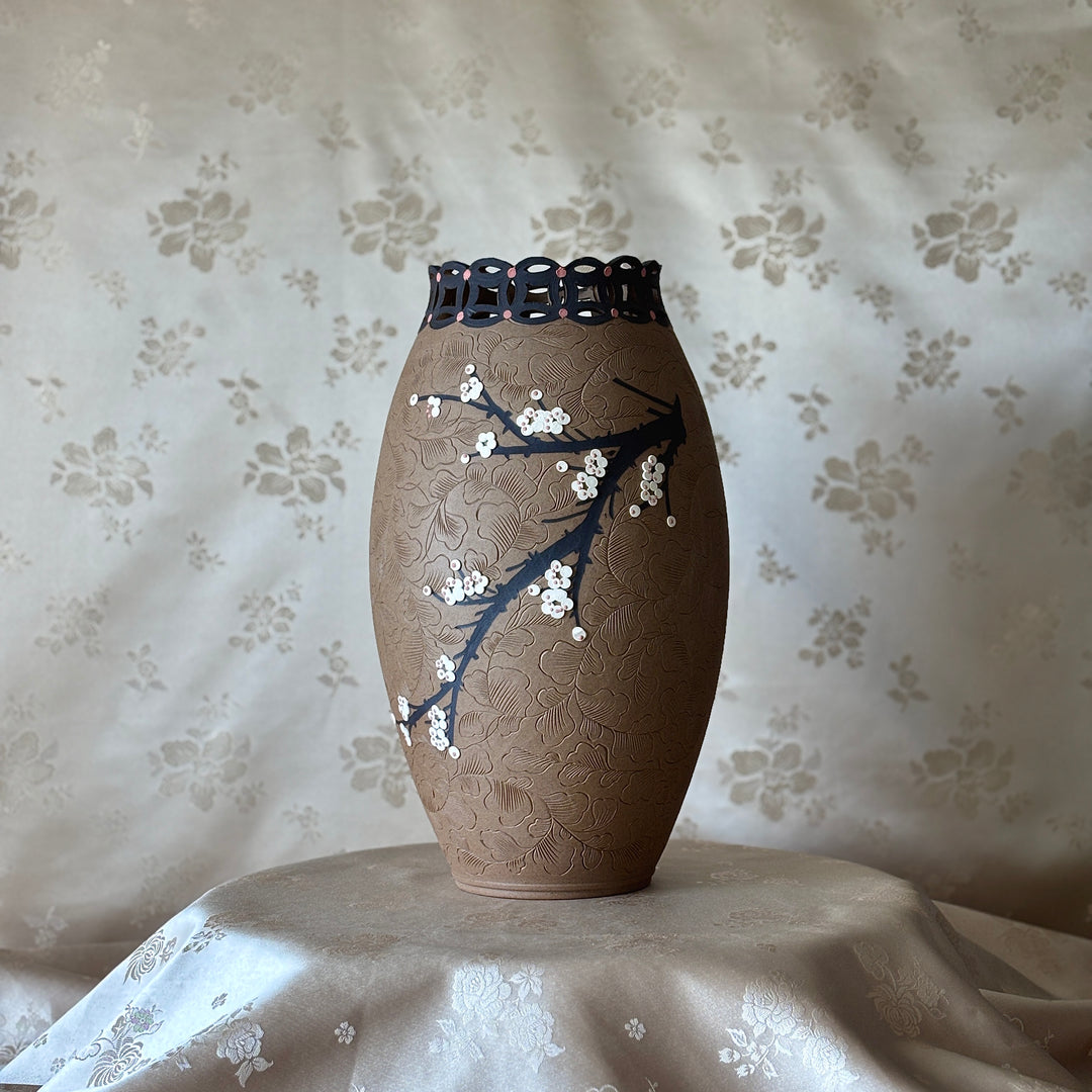 Unglazed Ceramic Vase: Buncheong Clay Body with Plum Blossom Branch and Openwork Rim