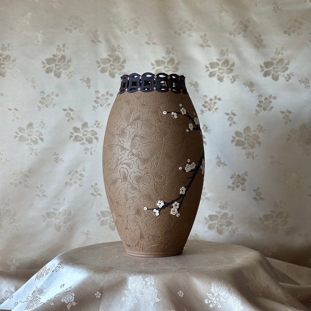 Unglazed Ceramic Vase: Buncheong Clay Body with Plum Blossom Branch and Openwork Rim