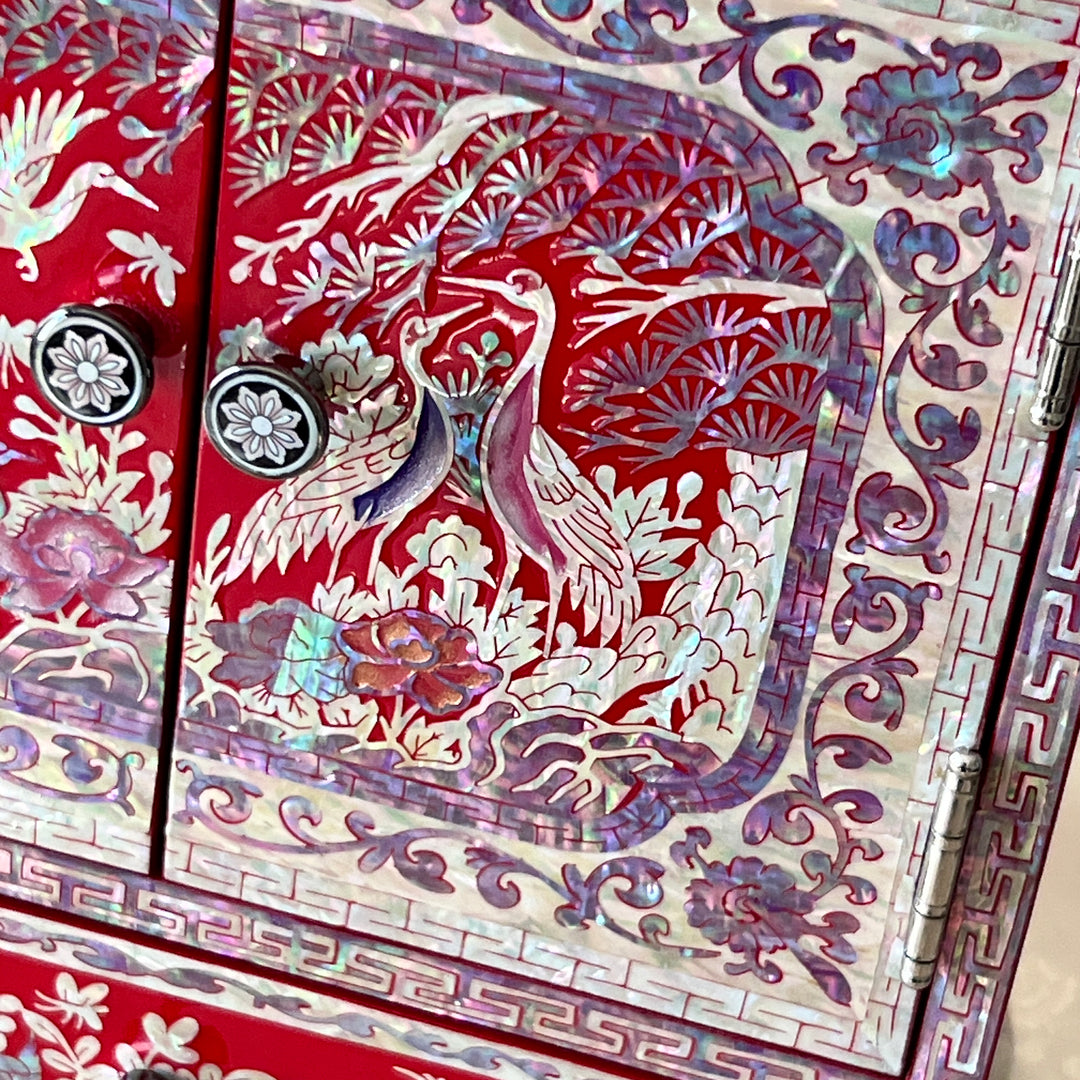 Mother-of-Pearl Double-Door Jewelry Chest: Longevity Motif, Red Ground