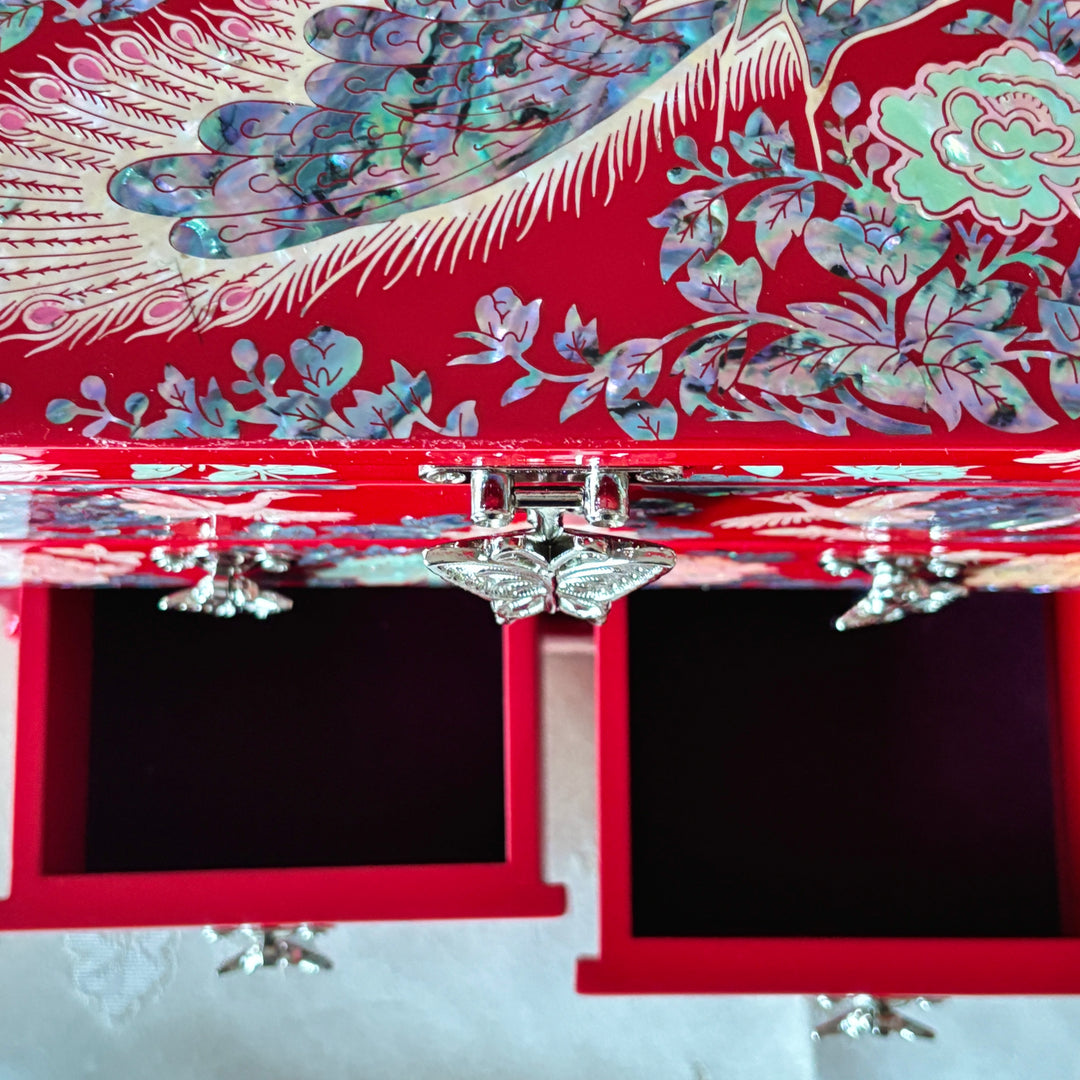 Mother-of-Pearl Jewelry Chest: Red Body with Peacock Motif in Scholar’s Desk Form