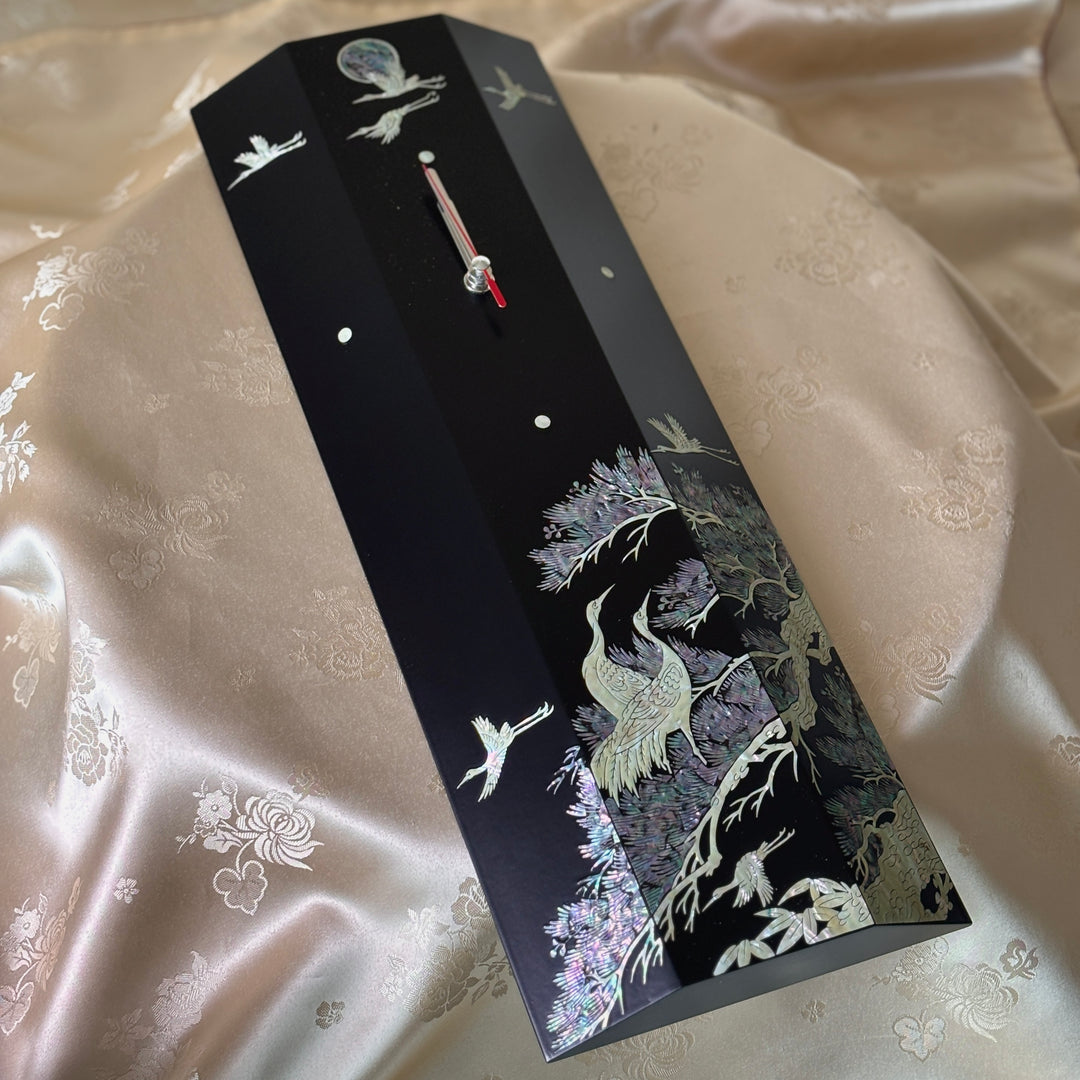 Mother-of-Pearl Wall Clock: Crane and Pine Motif with Moon
