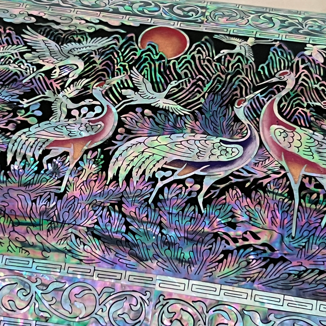 Mother-of-Pearl Jewelry Box: Auspicious Mountain Landscape with Cranes