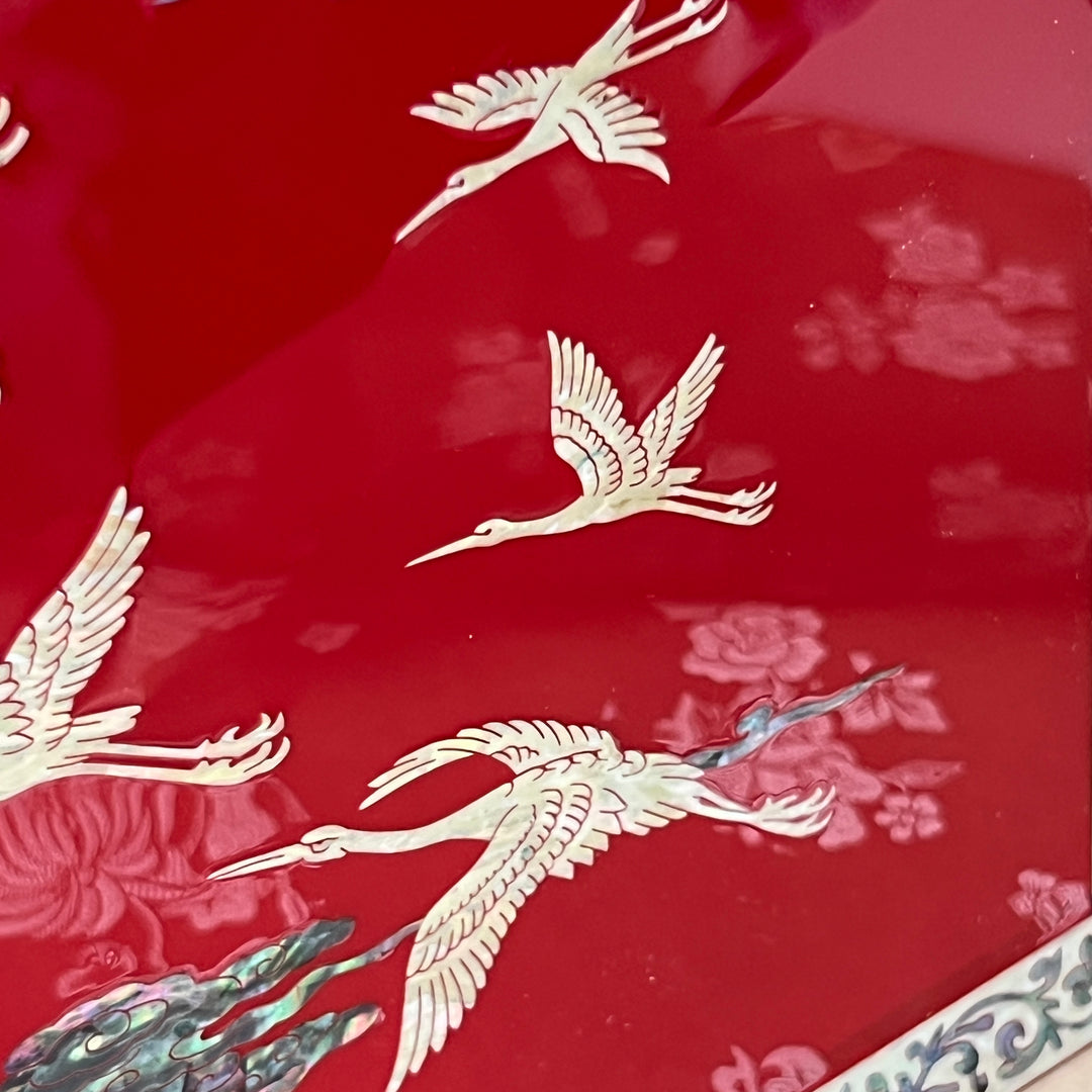 Mother-of-Pearl Double-Doored Jewelry Chest: Grand Scale, Longevity Motif on Red Ground