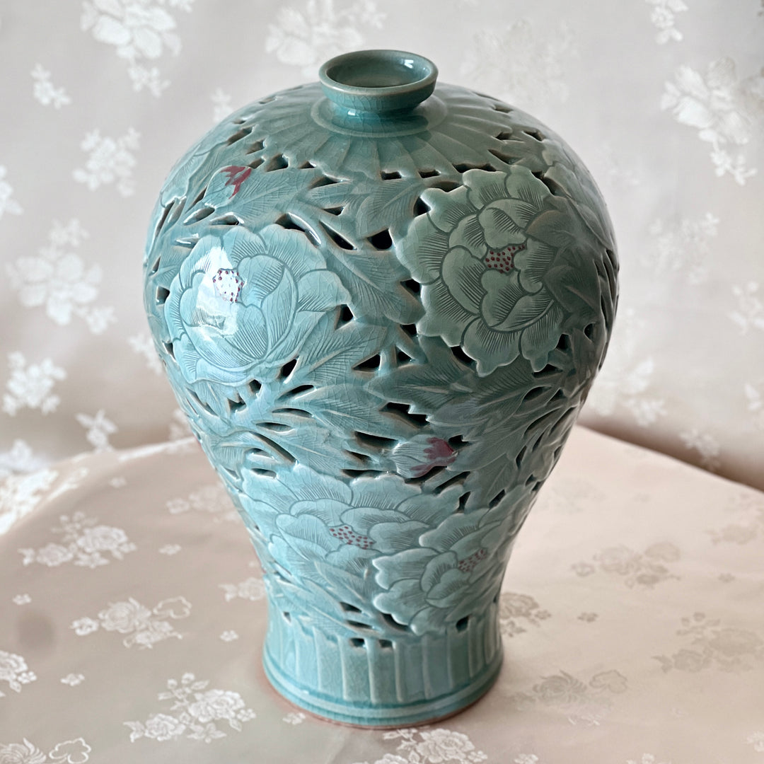 Celadon Double-Walled Openwork Vase: Sgraffito (Bakji) with Peony Motif