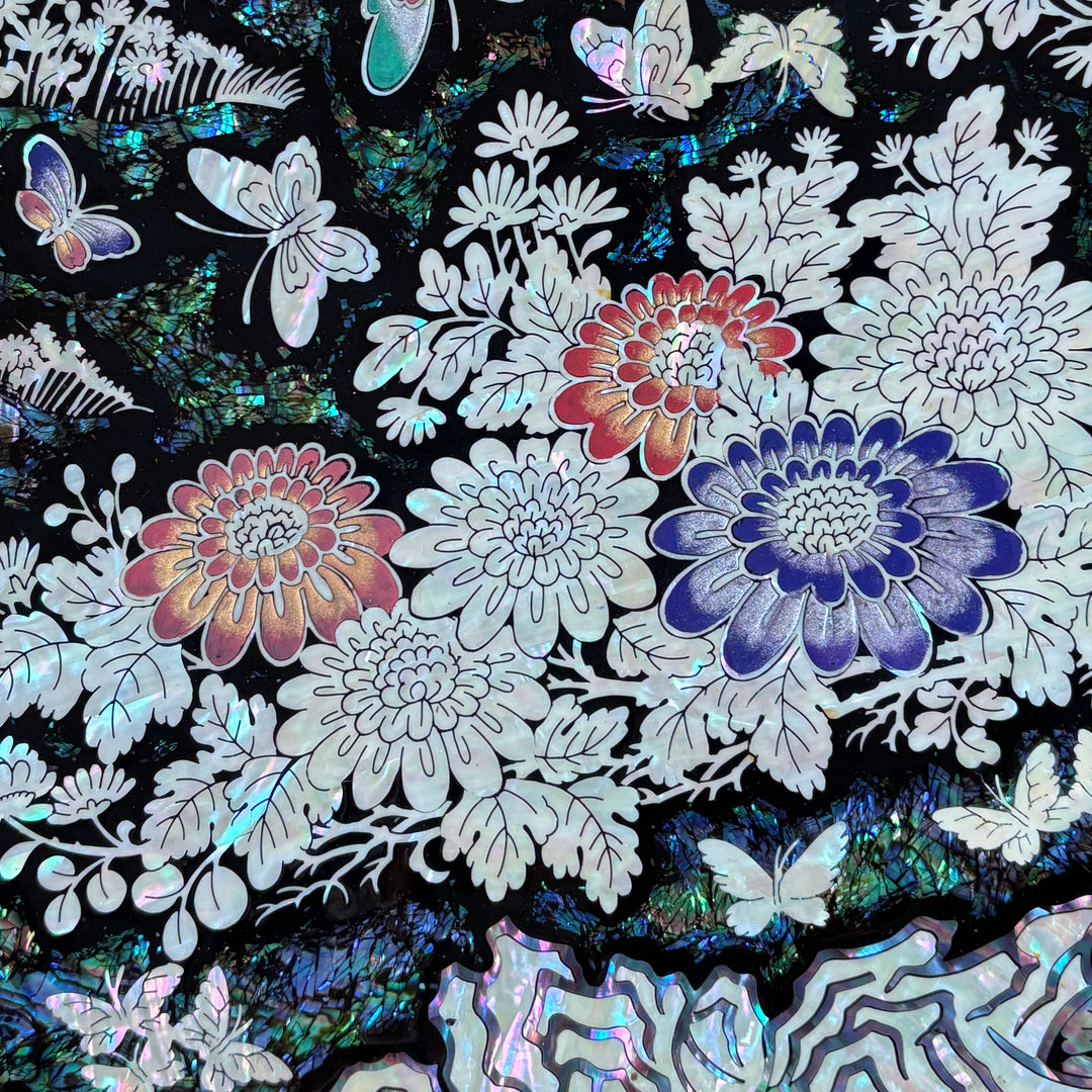 Mother of Pearl Octagonal Tray: Chrysanthemum and Butterfly on Abalone