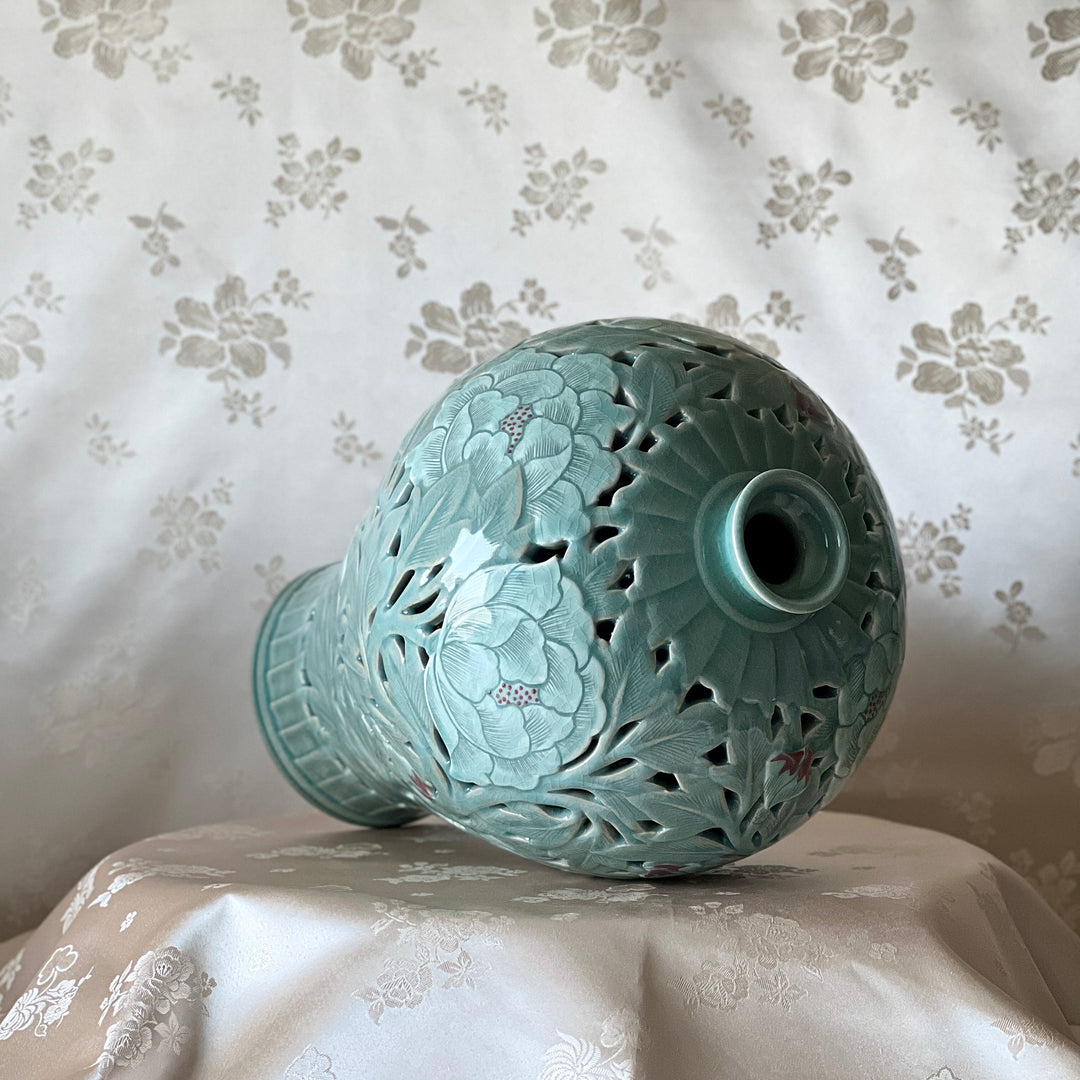 Celadon Double-Walled Openwork Vase: Sgraffito (Bakji) with Peony Motif