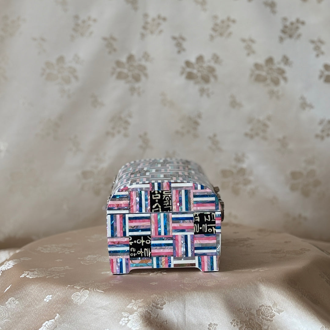 Mother-of-Pearl Arched-Lid Jewelry Box: Geometric Abalone Strip Composition with Hangul Accents