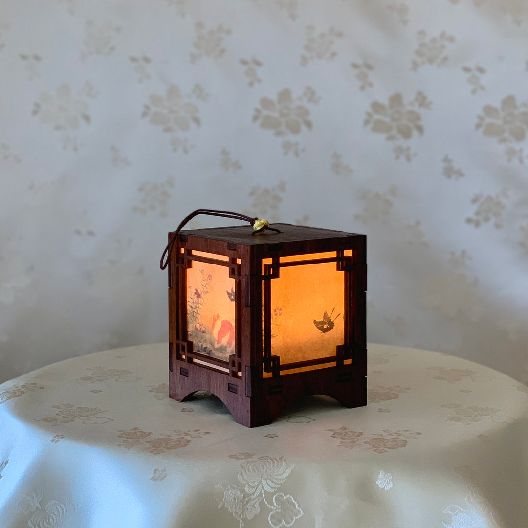 Wooden Accent Lantern for Hanging with Traditional Painting Pattern (황묘농접도 목재 걸이 등)